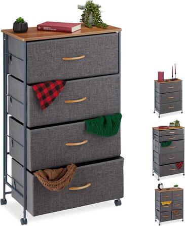 Relaxdays Roll-Schubladenschrank, 6 Stoffschubladen, Holzoptik, 74,5x58x30 cm, grau (Design B)