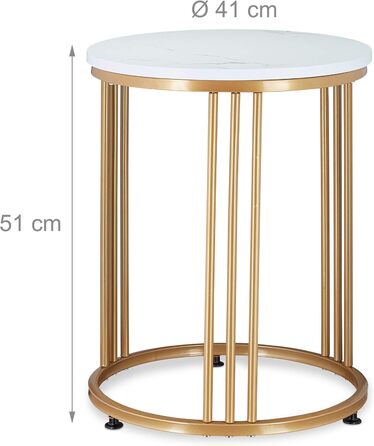 Relaxdays Beistelltisch MARMO, rund, Metall & MDF, Marmoroptik, HxD: 51 x 41 cm, weiß/Gold