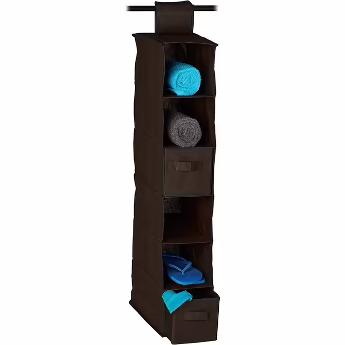 Relaxdays Hängeregal Stoff, 6 Fächer, 2 Schübe, für Kleiderschrank, HBT: ca. 82x14,5x30 cm, Dunkelbraun