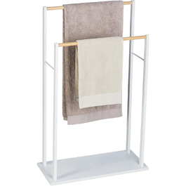 Relaxdays Handtuchständer, 2 Stangen, MDF & Bambus, 91,5x57x25 cm, freistehend, weiß/Natur