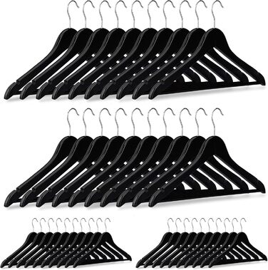 40 x Holz Kleiderbügel, klassisch, 360° drehbar, HxB 23x44 cm, schwarz, Silber, 40er Pack