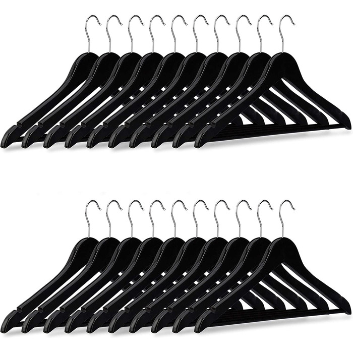 Relaxdays Kleiderbügel Set Holz, 20er Pack Garderobenbügel, Hemden & Hosen, 360° drehbar, Bügel HxB 23 x 44 cm, schwarz