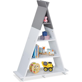 Relaxdays Kinderregal Tipi, 4 Fächer, Bücherregal Kinder, H x B x T: 107 x 76 x 27 cm, Kinderzimmer Regal, weiß/grau