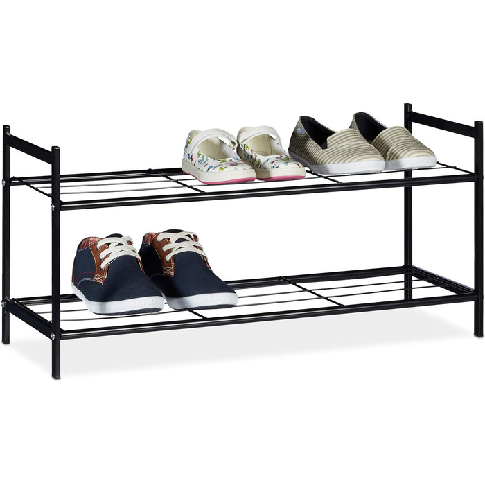 Relaxdays Schuhregal SANDRA, 2 Ebenen, für 6 Paar Schuhe, Metall, Schuhablage, HBT: ca. 33,5 x 69,5 x 26 cm, schwarz, Metallregal 2 Ablagen