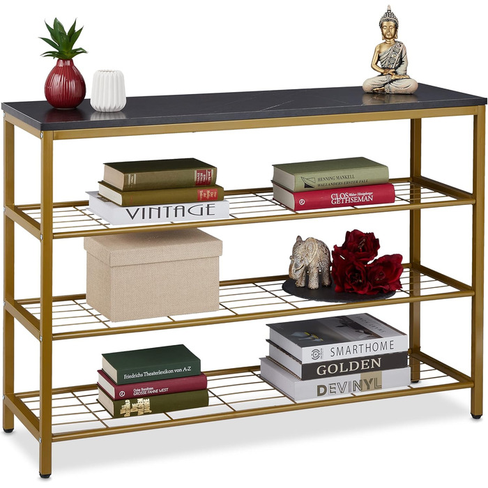 Relaxdays Konsolentisch, Marmoroptik, 70x101x30 cm, Metall & MDF, 4 Ablagen, Gold/Schwarz