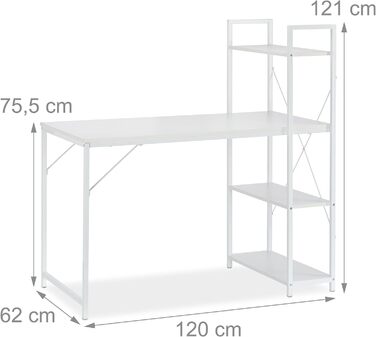 Relaxdays 121 x 120 x 62 cm, weiß Schreibtisch, Kombination mit Regal, 4 Ablagefächer, für Jugendzimmer & Büro, HBT, PB, Metall