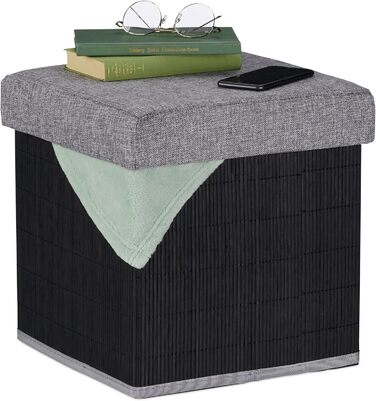 Relaxdays faltbarer Sitzhocker mit Stauraum, gepolstert, Bambus, 36x35x35 cm, Schwarz/Grau