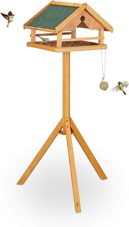 Relaxdays Vogelfutterhaus mit Ständer, groß, wetterfestes Dach, Garten, Holz Vogelhaus HBT 120 x 62 x 55 cm, Natur/grün