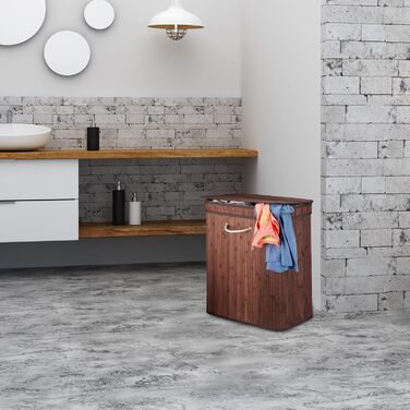 1x Wäschekorb Bambus, rechteckig, 2 Fächer, Klappdeckel, faltbar, 95 l, braun