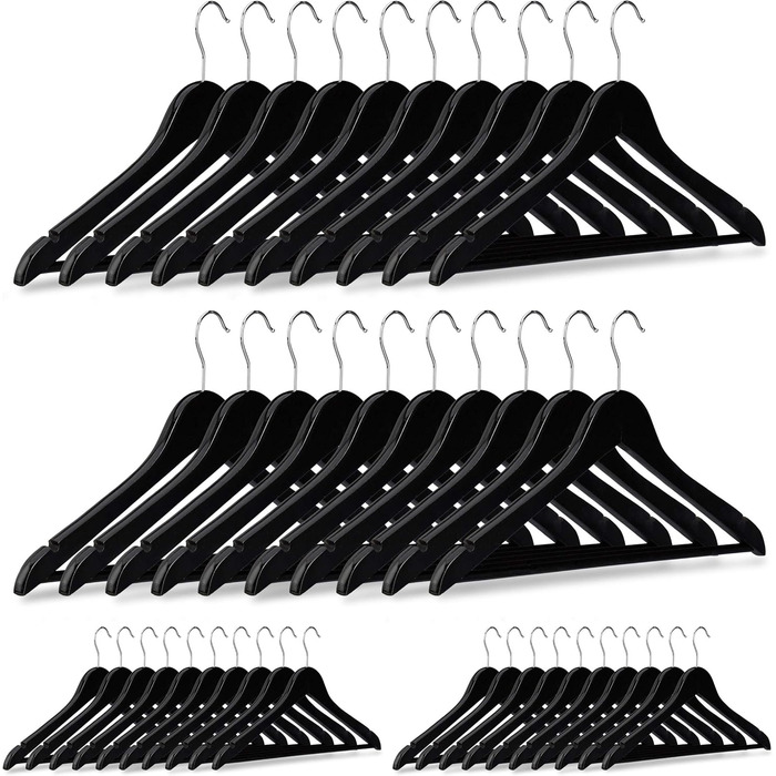 40 x Holz Kleiderbügel, klassisch, 360° drehbar, HxB 23x44 cm, schwarz, Silber, 40er Pack