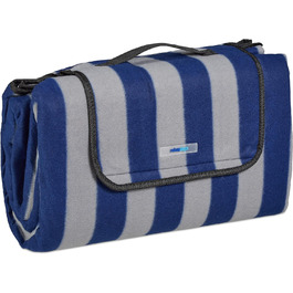 Relaxdays XXL Picknickdecke, 200x200, Fleece Stranddecke, wärmeisoliert, wasserdicht, Badedecke, Tragegriff, blau-grau
