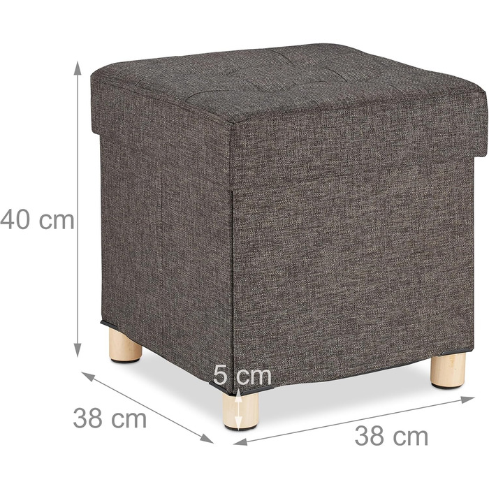 Relaxdays Sitzhocker mit Stauraum, gepolstert, gesteppt, Stoff, 40x38x38 cm, grau (Braun)