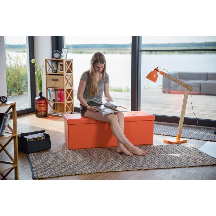Relaxdays Faltbare Sitzbank XL Kunstleder, 38x114x38 cm, Sitztruhe mit Stauraum, Orange