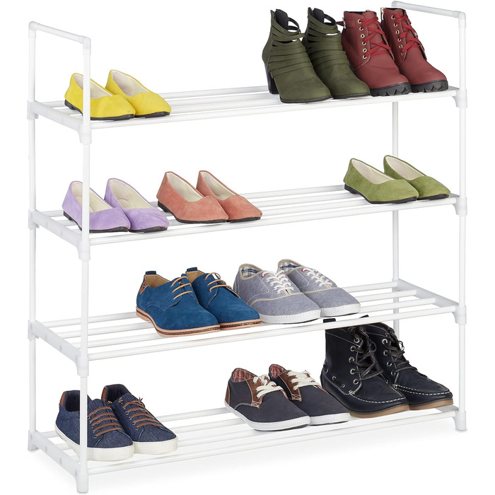 Relaxdays Schuhregal, 4 Ebenen, Stecksystem, 16 Paar Schuhe, Flur, erweiterbar, Metall & Kunststoff, Schuhablage, weiß, 10036200_349
