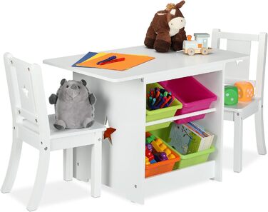 Relaxdays Kindersitzgruppe, Tisch mit 2 Stühlen, Stauraum, für Mädchen & Jungen, Kinderzimmer, weiß