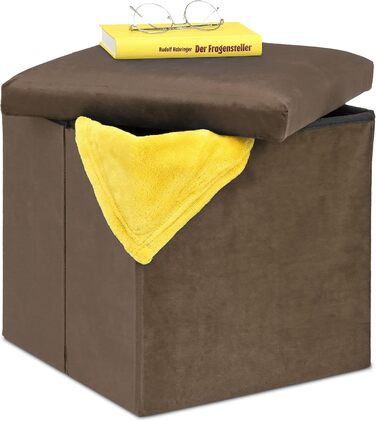 Relaxdays Sitzhocker, faltbar, 38x38x38 cm, Stauraum, MDF & Samt, Braun