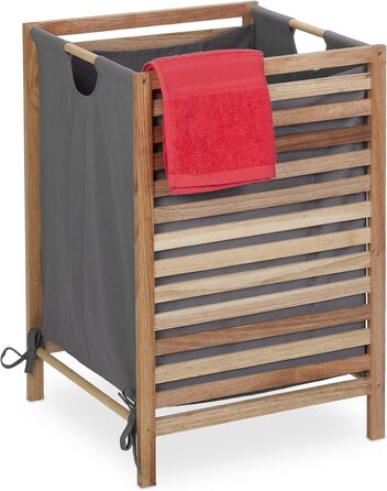 Relaxdays Wäschekorb Holzgestell, 60 L Stoffbeutel, HxBxT: 63,5 x 43 x 43 cm, ohne Deckel, Wäschesammler, Natur/grau