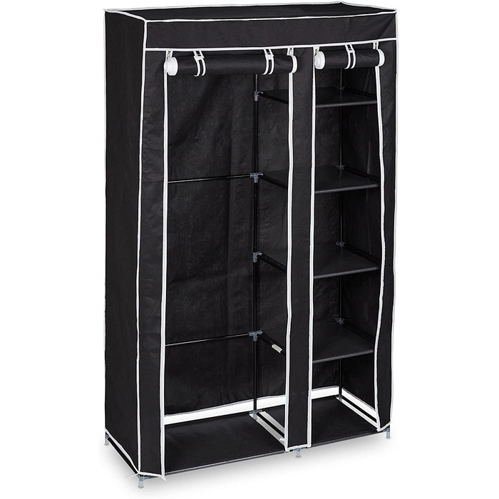 Relaxdays 1 x Stoffschrank, mit Kleiderstange & 5 Fächern, HBT: 174 x 107 x 42,5 cm, Stabiler Faltschrank mit Bezug, schwarz