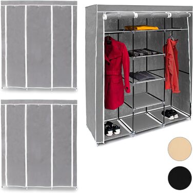 Relaxdays  x Faltschrank Valentin XXL, Stoffschrank, 2 Kleiderstangen, 9 Ablagen, Kleiderschrank, HBT 73 x 48 x 42,5 cm,     Stück (1, Anthrazit, Weiß, 173 x 148 x 129 cm)