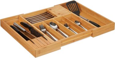 Relaxdays Besteckkasten Bambus, ausziehbar, 2 Messerblöcke, Schubladeneinsatz, HBT 5x56x43 cm, natur
