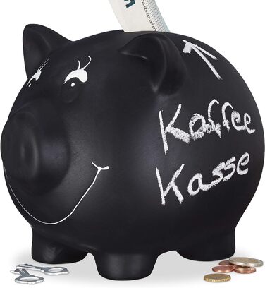 Relaxdays Sparschwein, Keramik, Kreide, Hochzeit, Geburtstag, Taufe, Spardose, 14x17x13cm, schwarz