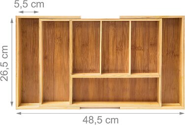 Relaxdays Besteckkasten ausziehbar HBT: 5 x 48,5 x 28 cm Besteckeinsatz aus Bambus mit 5 bis 7 Fächern als Küchenorganizer un