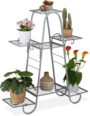 Relaxdays Blumentreppe Metall, Vintage, 83x75x24 cm, 7 Ablagen, Silber