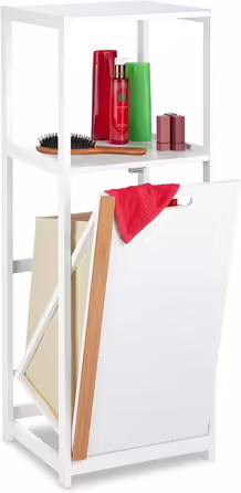 Relaxdays Badregal mit Wäschekorb, 2 Ablagen, kippbar, MDF & Bambus, 98x36x30 cm, weiß/natur