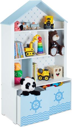 Relaxdays Kinderregal, Seefahrt, 5 Fächer, 2 Rollboxen, HBT: 128x75x34 cm, Hausform, Spielzeug Aufbewahrung, weiß/blau