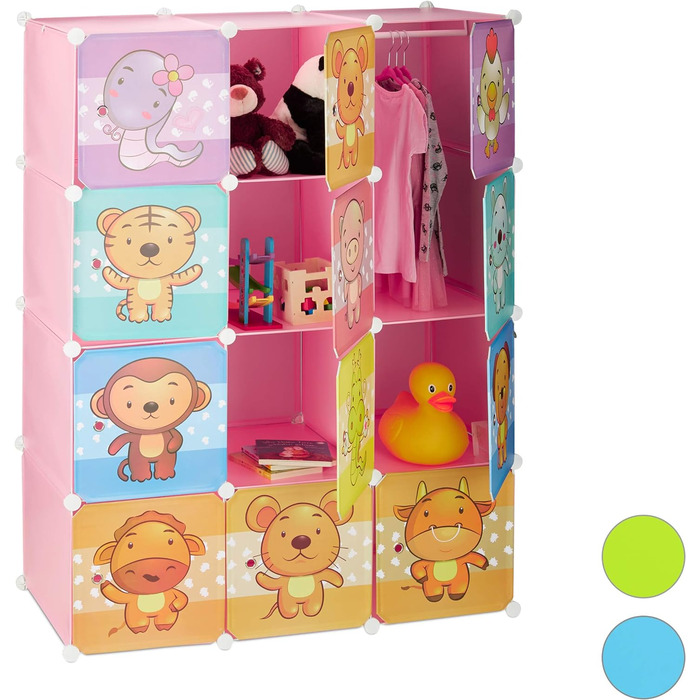 Relaxdays,  Steckregal Kinderzimmer, Tiermotive, Jungen, Türen, Kleiderstangen, Kunststoff Kleiderschrank, 145x110cm, 60%, Standard (Rosa)