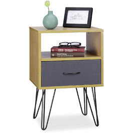 Relaxdays Retro Nachtschrank, Schublade, Holzoptik, Metallbeine, Vintage, 60x40x35 cm, braun