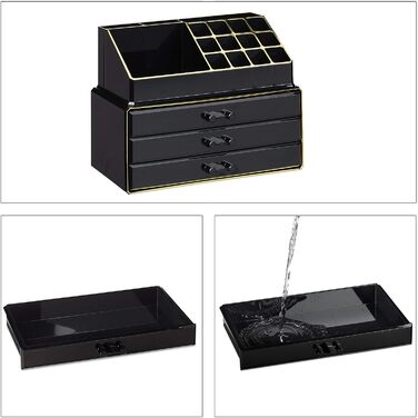 Relaxdays Make Up Organizer klein, 2-teilige Schminkaufbewahrung mit Schubladen, stapelbares Kosmetikregal, schwarz/Gold, 1 Stück