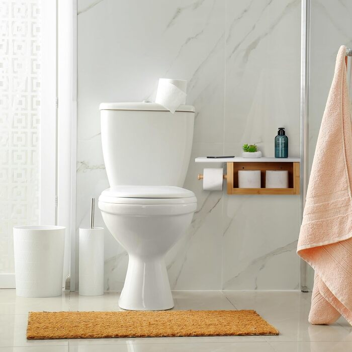 Relaxdays Toilettenpapierhalter mit Ablage, Klopapierhalter Bambus, offenes Fach, HBT: 17x50x18 cm, Wand, Natur/weiß