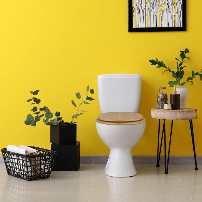 Relaxdays Toilettendeckel mit Absenkautomatik & Quick Release, 37,5 x 43,5 cm, Bambus, Montage von Oben, oval, Natur