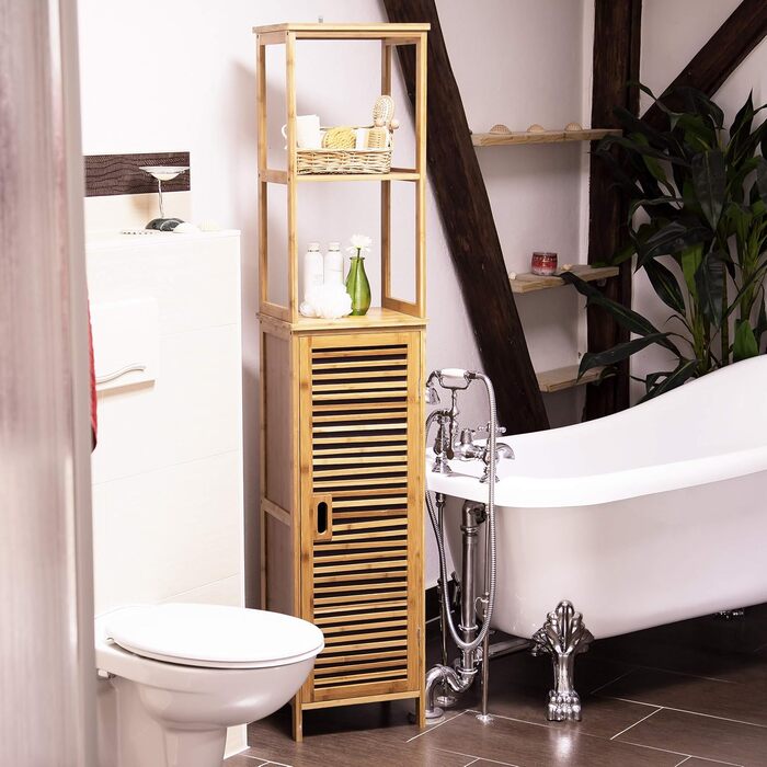 Relaxdays Badregal Bambus, 5 Ablagen, HxBxT: 170x33,5x28 cm, mit Schranktür, stehend, natur