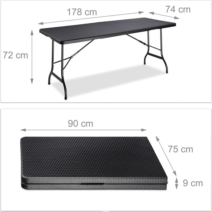 Relaxdays Gartentisch klappbar BASTIAN, groß, Tragegriff, stabiler Campingtisch, H x B x T: 72 x 178 x 74 cm, schwarz