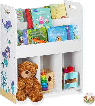 Relaxdays Kinderregal, Spielsachen & Bücher, Mädchen & Jungs, Meerjungfrau Motiv, Spielzeugregal, 75 x 62 x 29 cm, weiß, 1 Stück