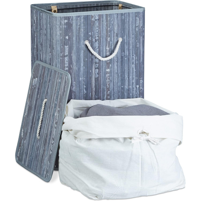 Wäschekorb Bambus, mit Deckel, XL, 83 L, faltbar, 65,5x43,5x33,5 cm, blau (Grau, Creme, 2)
