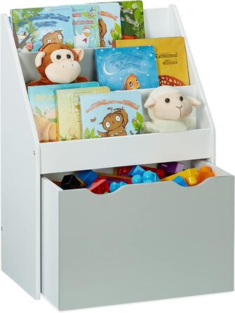 Relaxdays Kinderregal mit 3 Ablagefächern, Kiste mit Rollen, HBT: 70 x 50,5 x 28 cm, schmales Spielzeugregal, weiß/grau