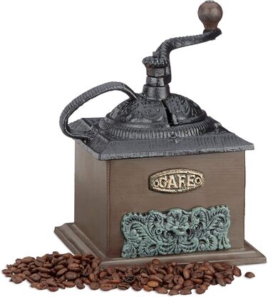 Relaxdays Kaffeemühle Vintage, Holz, Gusseisen, Handkurbel, Schubfach, 20x20x15cm