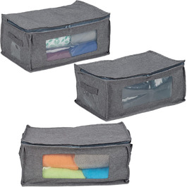 Relaxdays Aufbewahrungstasche, 3er Set, faltbar, mit Reißverschluss, Kleidung, Unterbett, Stoff, HBT: 20x45x30 cm, grau