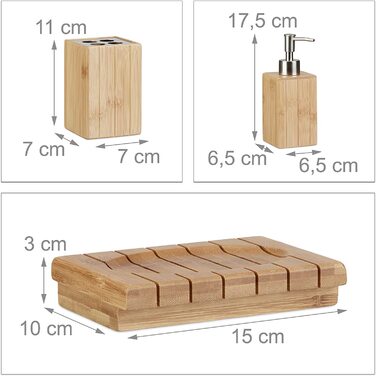 Relaxdays Badaccessoires Bambus, 3-teiliges Badezimmer Set aus Seifenspender, Seifenschale u. Zahnbürstenhalter, natur, 10 x