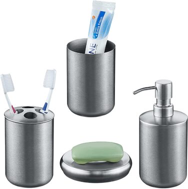 Relaxdays Badezimmer Set, 4-teilig, Seifenspender, Seifenschale, Zahnputzbecher, Zahnbürstenhalter, Edelstahl, Silber 1003887