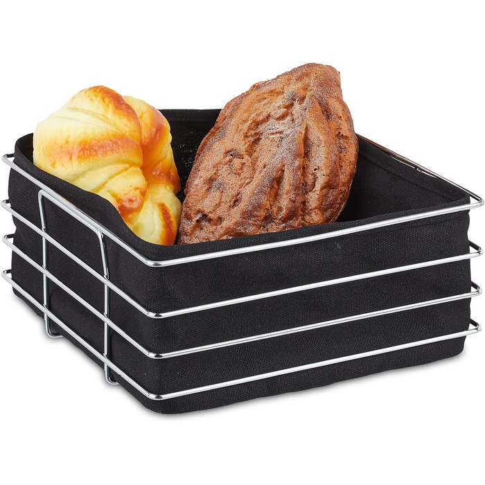 Relaxdays Brotkorb Metall, Stoffeinsatz, modern, Edelstahl, HBT 10,5x23x23 cm, schwarz