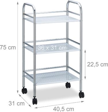 Relaxdays Servierwagen Metall, 3 Ablagen, Küchenwagen mit Griff & Bremsen, 75x40,5x31 cm, weiß