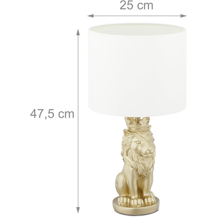 Relaxdays Tischlampe Löwe, Tischleuchte mit Stoffschirm, E27, prunkvolle Nachttischlampe, H x D: 47,5 x 25 cm, weiß/gold