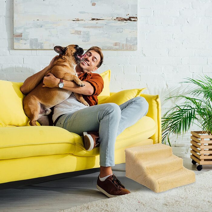 Relaxdays Hundetreppe 3 Stufen, kleine & große Hunde, Bett & Couch, Stoffbezug, Tiertreppe innen, HBT 30x35x45 cm, (beige, 30 x 35 x 45 cm)