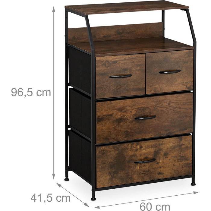 Relaxdays Kommode Industrial, 96,5x60x41,5 cm, Stoff/Metall/Holzoptik, 4 Schubladen, braun/schwarz