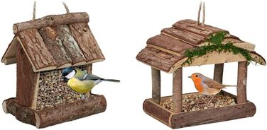 Relaxdays Vogelfutterhaus Holz, HBT: 17x15x12cm, mit Silo, Vogelfutterspender, Natur (Bundle)