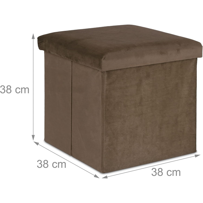 Relaxdays Sitzhocker, faltbar, 38x38x38 cm, Stauraum, MDF & Samt, Braun